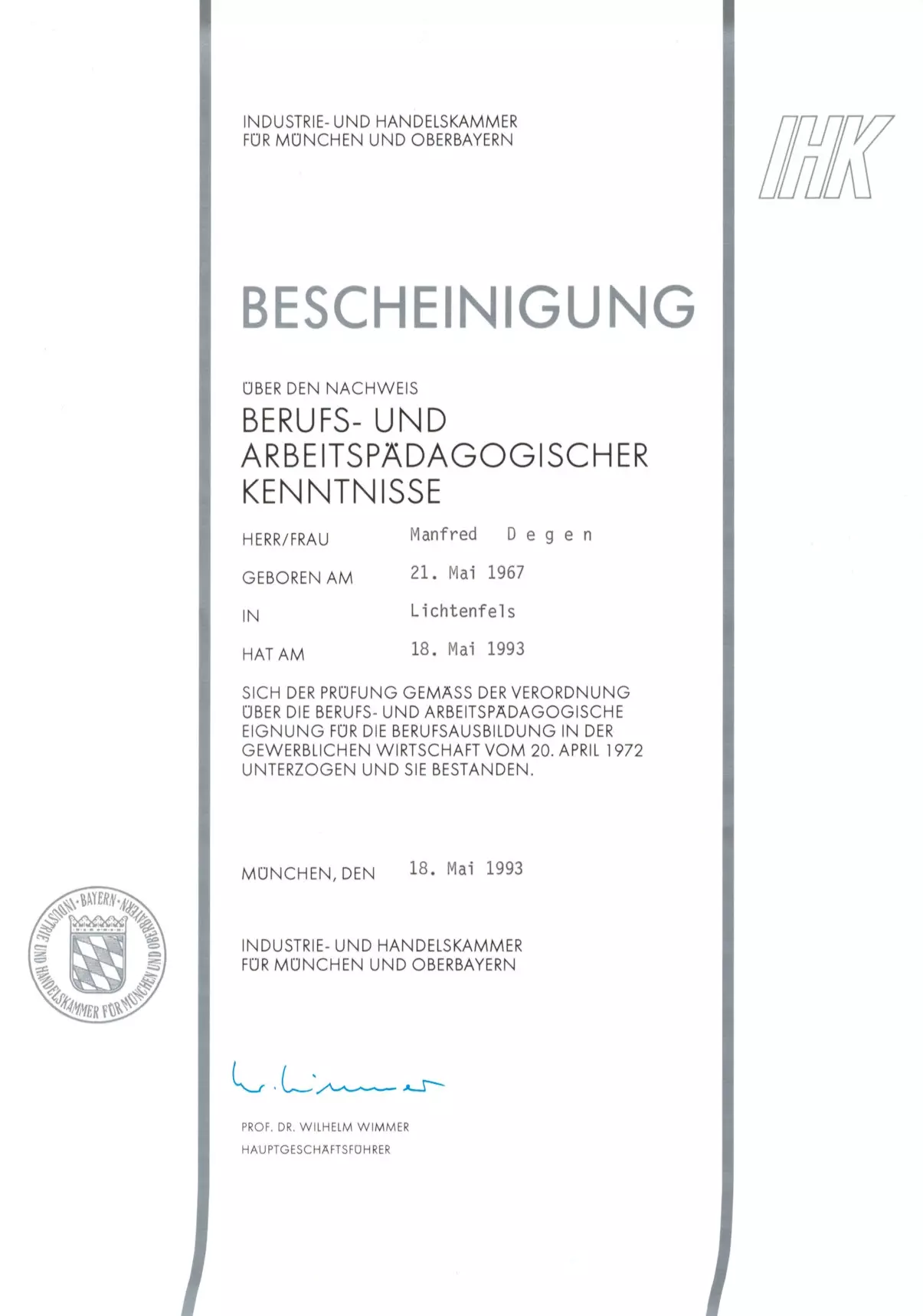 IHK Ausbilder-Bescheinigung Manfred Degen